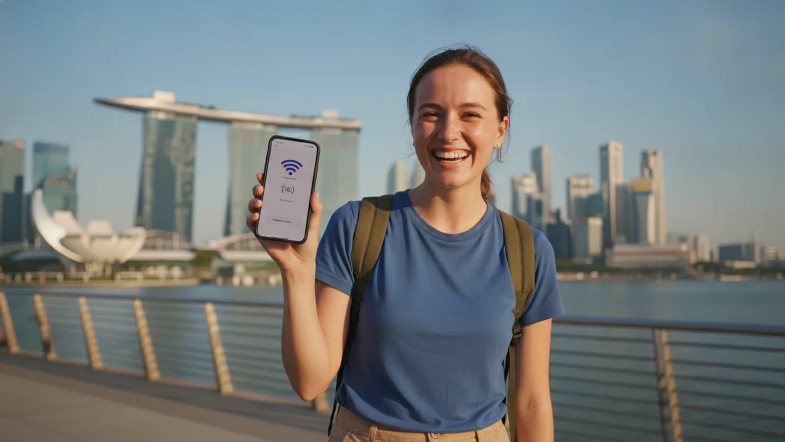 Traveler using a Singapore tourist SIM card by the Marina Bay skyline